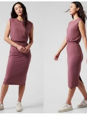Athleta Santorini Cinch Dress Tawny Dusty Rose Midi Length Skeeveless Small